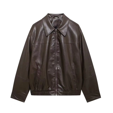 Chaqueta Bomber de Cuero Sintético Vintage para Mujer Corte Holgado Solapa Cremallera Cuero de PU Longitud Media Abrigo de Moto