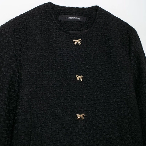 Chaqueta de Tweed Negra Elegante para Mujer Botones de Lazo Dorado Cuello Redondo Abrigo Tejido Corto Estilo Vintage