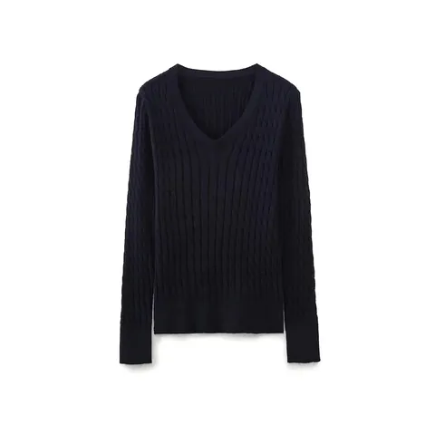 Damen V-Ausschnitt Zopfmuster Pullover Langarm Einfarbig Gerippte Bündchen Reguläre Passform Strickwaren Oberteil Herbst Winter