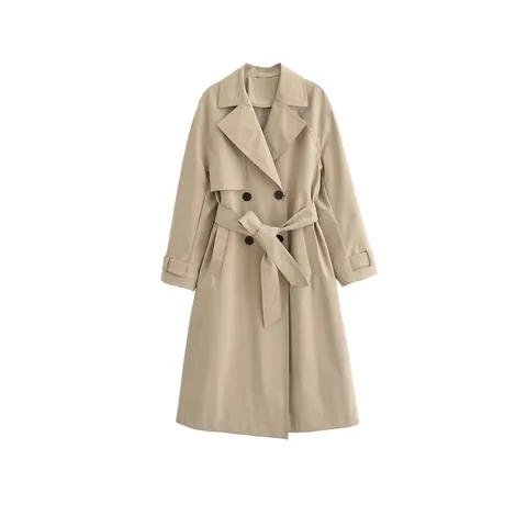 Women's Casual Double Breasted Long Trench Coat With Belt Lapel Loose Windproof Streetwear Woven Outerwear Jacket