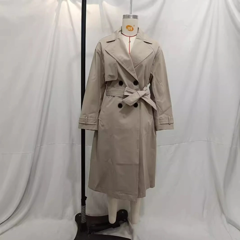 Women's Casual Double Breasted Long Trench Coat With Belt Lapel Loose Windproof Streetwear Woven Outerwear Jacket