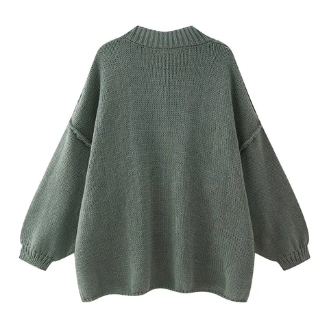 Women Casual Chunky Knit Cardigan Sweater Crew Neck Loose Fit Drop Shoulder Solid Color Metal Buttons Soft Warm Knitwear
