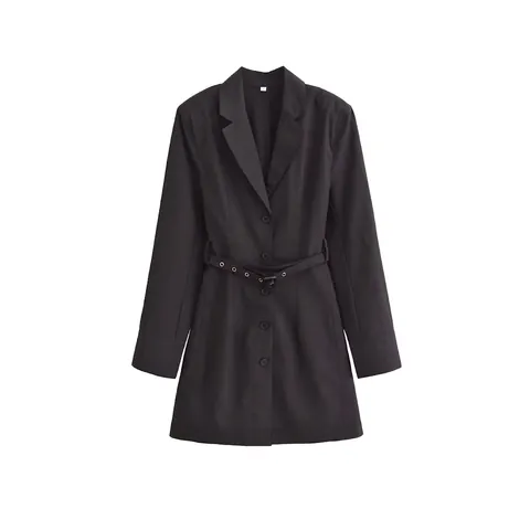 Vestido Blazer Elegante para Mujer Manga Larga Cuello Solapa Cinturón Ajuste Entallado Color Sólido Mini Vestido de Oficina Moda Profesional