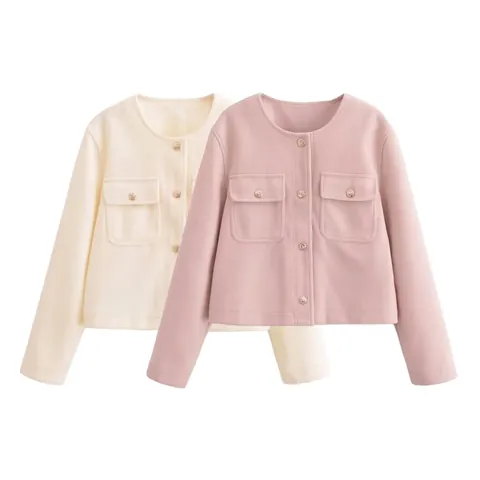 Women Elegant Round Neck Woolen Jacket Solid Color Long Sleeve Short Outerwear With Gold Buttons Vintage Style Coat