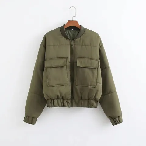 Damen Street Fashion Gesteppte Bomberjacke Utility-Taschen Solid Armeegrün Reißverschluss Puffer Jacke Casual Mantel