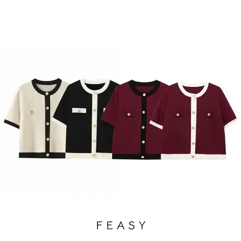 Cardigan en Tricot à Manches Courtes Élégant pour Femmes Style Français Vintage Couleur Contrastée Col Rond Bouton Doré Haut en Tricot pour Quotidien Décontracté