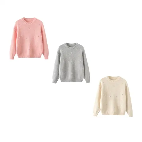 Women Casual Round Neck Rhinestone Knit Sweater Soft Drop Shoulder Long Sleeve Warm Solid Color Fashion Pullover Tops