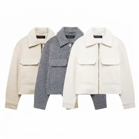 Damen Casual Kurzjacke Mantel Reißverschluss Revers Tasche Einfarbig Wollstruktur Mode Oberbekleidung Herbst Winter Kleidung