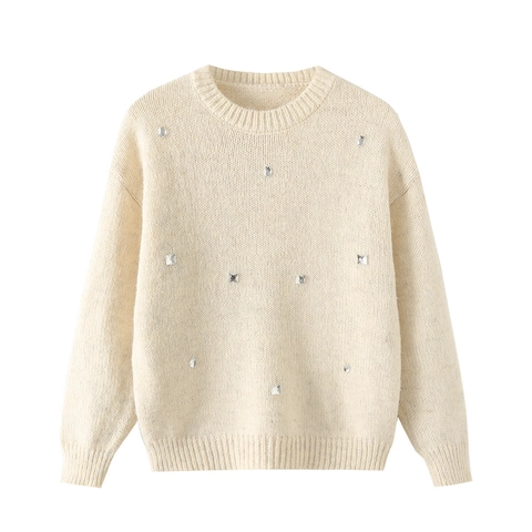 Women Casual Round Neck Rhinestone Knit Sweater Soft Drop Shoulder Long Sleeve Warm Solid Color Fashion Pullover Tops