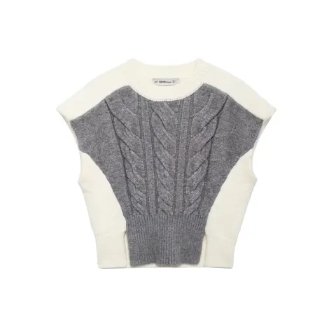 Dames Casual Kabelgebreid Patchwork Gebreid Vest Ronde Hals Mouwloos Trui Top Voor Herfst Winter