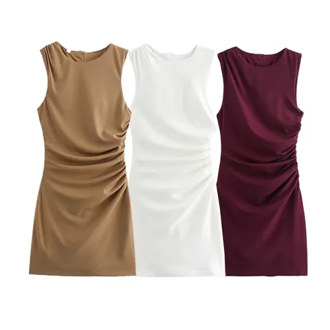 Women's Sleeveless Ruched Mini Dress Elegant Solid Color Bodycon Knit Dress For Party White Khaki Wine Red