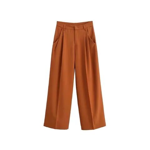 Pantaloni a Vita Alta da Donna a Gamba Larga Casual Plissettati a Sigaretta Arancione Bruciato Street Style Larghi