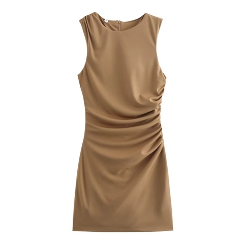 Women's Sleeveless Ruched Mini Dress Elegant Solid Color Bodycon Knit Dress For Party White Khaki Wine Red