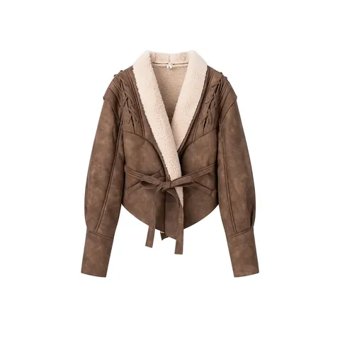 Damen Vintage Jacke Aus Wildlederimitat Mit Lammfell-Optik Umlegekragen Schnürung Gürtel Retro Streetwear Warmer Wintermantel