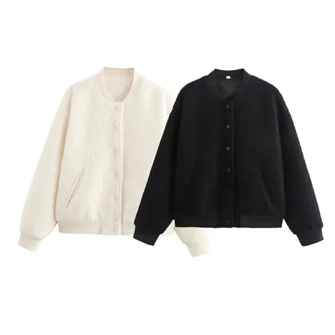 Chaqueta Bomber de Terciopelo Granular para Mujer Casual con Botón de Presión Manga Larga Color Sólido Cálido Streetwear