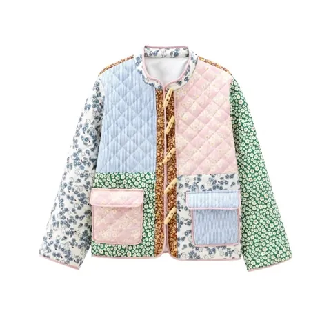 Damen Vintage Patchwork Steppjacke Blumenmuster Knebelverschluss Lose Stehkragen Leichte Wattierte Baumwolljacke Outwear