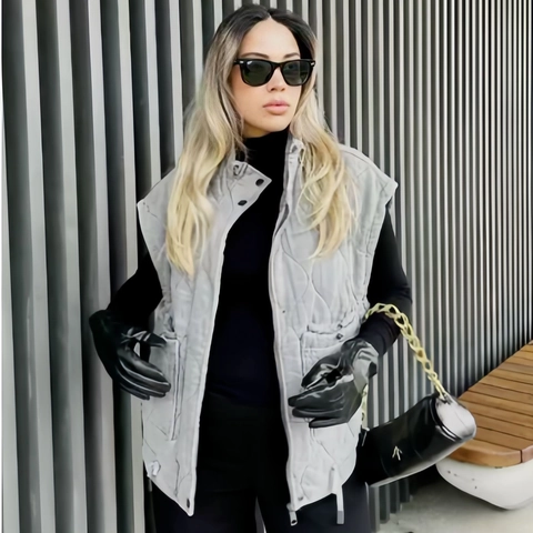 Women Casual Quilted Padded Vest Sleeveless Stand Collar Gilet with Large Pockets Adjustable Drawstring Autumn Winter Outerwear