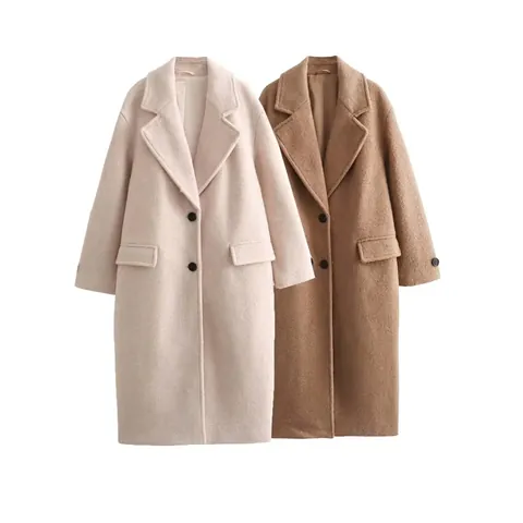 Manteau Long Élégant en Laine pour Femme Tweed Revers Simple Boutonnage Poche Automne Hiver Outwear Couleur Unie Pardessus