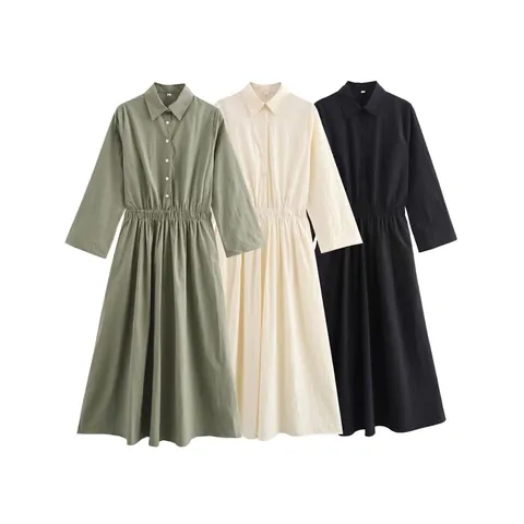 Vestito Midi a Camicia a Maniche Lunghe da Donna Elegante Tinta Unita Monopetto Revers Vita Elastica Linea a Casual