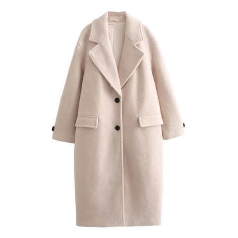 Manteau Long Élégant en Laine pour Femme Tweed Revers Simple Boutonnage Poche Automne Hiver Outwear Couleur Unie Pardessus