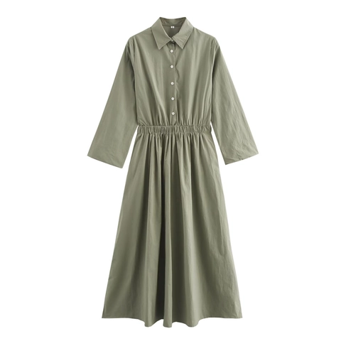 Vestito Midi a Camicia a Maniche Lunghe da Donna Elegante Tinta Unita Monopetto Revers Vita Elastica Linea a Casual
