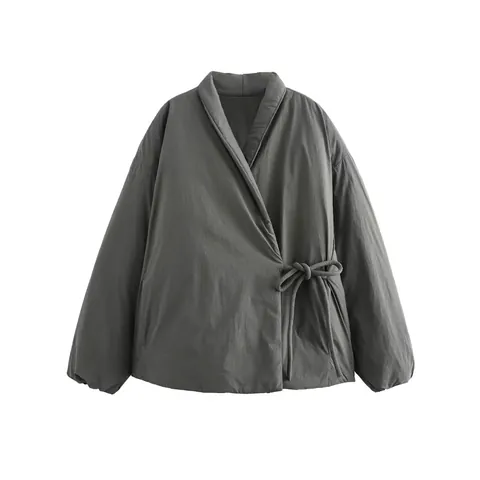 Women's Streetwear Kimono Style Quilted Jacket Padded Warm Coat With Side Tie Long Sleeve V-Neck Casual Solid Outwear Top