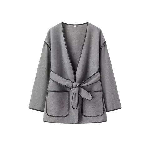 Women Elegant Double Sided Wool Like Overcoat Chic Contrasting Trim Belted Long Sleeve V Neck Fashion Outerwear Winter Jacket