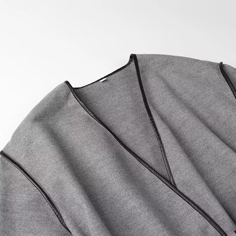 Women Elegant Double Sided Wool Like Overcoat Chic Contrasting Trim Belted Long Sleeve V Neck Fashion Outerwear Winter Jacket