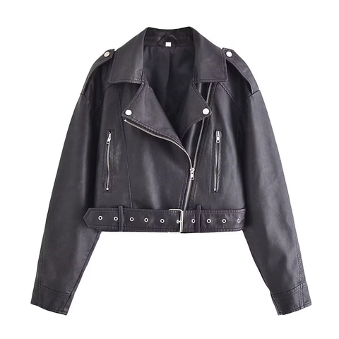 Women Faux Leather Moto Jacket Cropped Biker Coat With Belt Lapel Long Sleeve Asymmetric Zipper Autumn Winter Outerwear