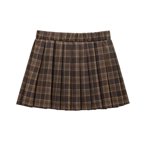 Mini-jupe Plissée à Carreaux Marron Rétro pour Femmes Style Preppy Britannique Jupe Taille Haute Avec Décoration de Nœud à Cordon