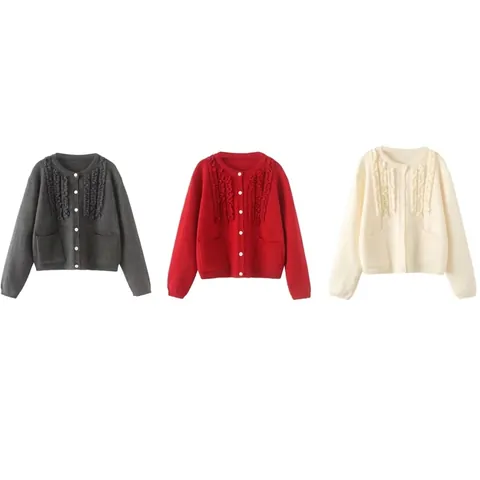 Cárdigan de Punto con Volantes para Mujer Cuello Redondo Sencillo Pecho Manga Larga Color Sólido Top Con Bolsillos