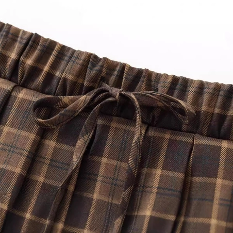 Mini-jupe Plissée à Carreaux Marron Rétro pour Femmes Style Preppy Britannique Jupe Taille Haute Avec Décoration de Nœud à Cordon