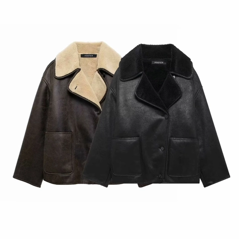 Giacca in Ecopelle Montone da Donna Revers Monopetto Caldo Manica Lunga Capispalla Tasche Casual Streetwear Cappotto Invernale