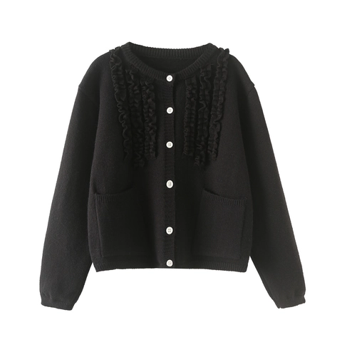 Cárdigan de Punto con Volantes para Mujer Cuello Redondo Sencillo Pecho Manga Larga Color Sólido Top Con Bolsillos