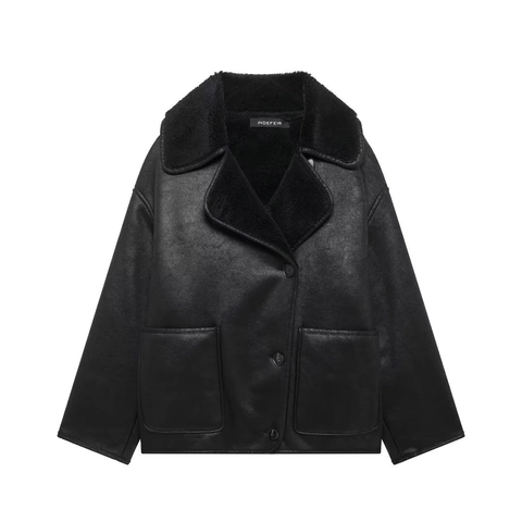 Giacca in Ecopelle Montone da Donna Revers Monopetto Caldo Manica Lunga Capispalla Tasche Casual Streetwear Cappotto Invernale