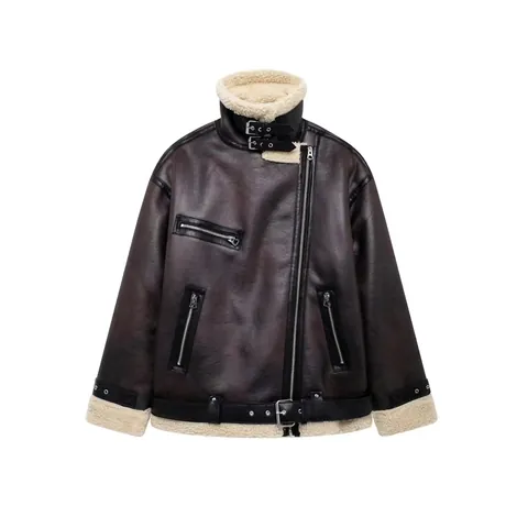 Women Faux Shearling Aviator Jacket Vintage PU Leather B3 Bomber Coat Sherpa Lining Zipper Pockets Belted Hem Brown Outwear