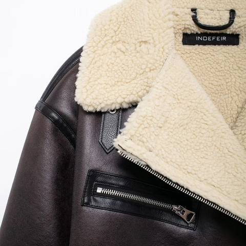 Women Faux Shearling Aviator Jacket Vintage PU Leather B3 Bomber Coat Sherpa Lining Zipper Pockets Belted Hem Brown Outwear