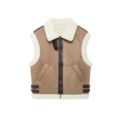 Dames Vest van Imitatie-Suède en Lamswol Revers Rits Mouwloos Biker Vest Dikke Warme Winterjas Outwear