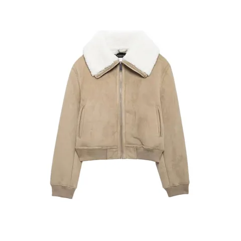 Damen Vintage Wildlederimitat Fliegerjacke Mit Lammfellimitat Kragen Warme Bomberjacke Mit Rippbündchen Winterbekleidung