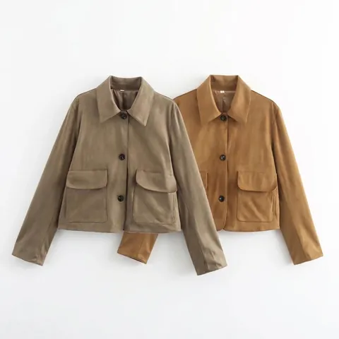 Damen Vintage Wildlederimitat Kurzjacke Umlegekragen Einreihig Langarm Oberbekleidung Mit Doppelten Pattentaschen