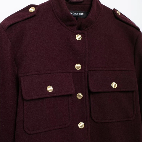 Women Fashion Wine Red Short Woolen Jacket Stand Collar Epaulets Gold Buttons Flap Pockets Military Style Outerwear Coat
