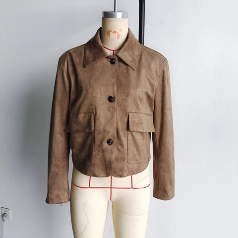 Damen Vintage Wildlederimitat Kurzjacke Umlegekragen Einreihig Langarm Oberbekleidung Mit Doppelten Pattentaschen