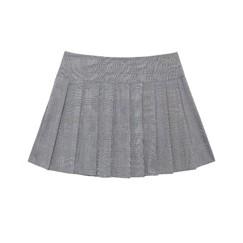 Damen Grau Hahnentritt Faltenrockhose Hohe Taille Karierte Rockhose Mit Schwarzer Schnalle Britischer Stil Casual Mode Hosen