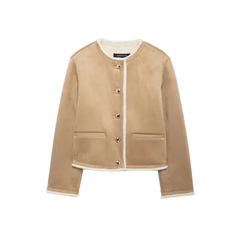 Women Khaki Faux Suede Shearling Jacket Round Neck Single Breasted Short Coat With Metal Buttons Winter Casual Outwear