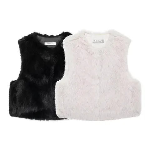 Damen Fashion Kunstpelz Kurzwesten Rundhals Ärmellos Plüsch Weste Einfarbig Herbst Winter Elegant Streetwear Top