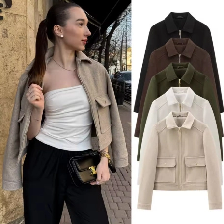 Giacca di Lana Corta da Donna Cappotto Moda Revers Cerniera Capispalla Con Grandi Tasche Casual Autunno Inverno Giacca Pendolare