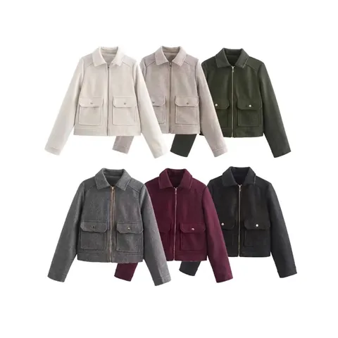 Giacca di Lana Corta da Donna Cappotto Moda Revers Cerniera Capispalla Con Grandi Tasche Casual Autunno Inverno Giacca Pendolare