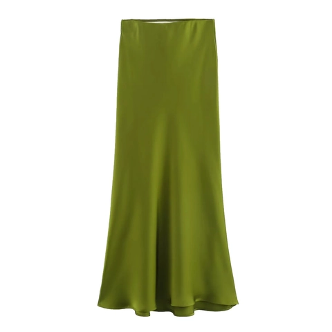 Dames Satijnen Midi Rok Hoge Taille A-Lijn Elegant Effen Kleur Modieus Veelzijdig Woon-Werkverkeer Satijn Textuur