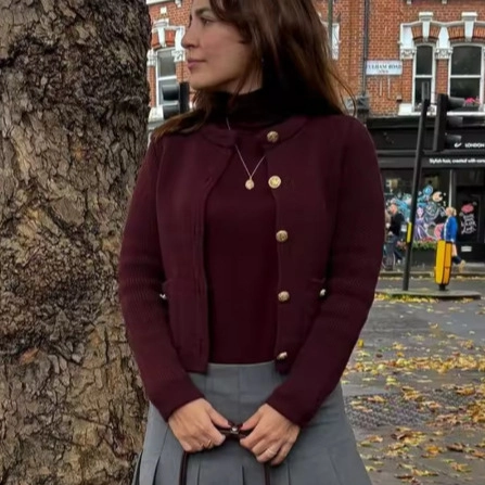 Women's Elegant Wine Red Knit Cardigan With Gold Buttons Round Neck Solid Color Long Sleeve Sweater For Casual Daily Wear