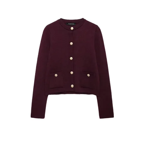 Women Vintage Knit Cardigan Elegant Gold Button Round Neck Sweater Coat Long Sleeve Solid Color Blended Outwear